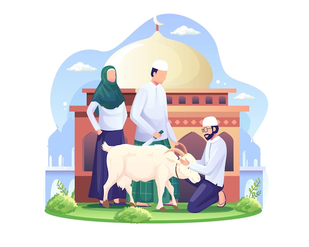 Vettore le persone stanno sacrificando capre o qurban sull'illustrazione di eid al adha mubarak