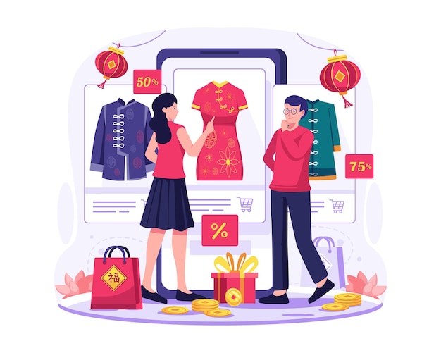 People are shopping online through big a smartphone. Choosing Chinese clothes in an online store