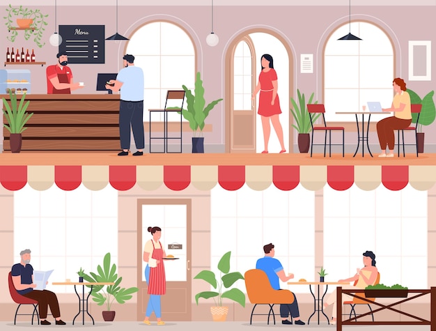 Люди сидят в кафе, пьют кофе и едят. официанты обслуживают клиентов кафе. векторная иллюстрация