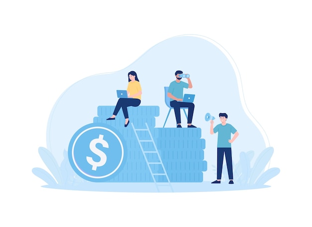 People are sitting on a pile of money trending concept flat illustration