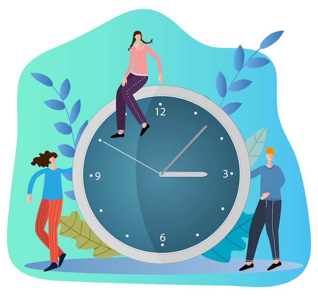 Vector people are standing near a large clockthe concept of time managementflat vector illustration