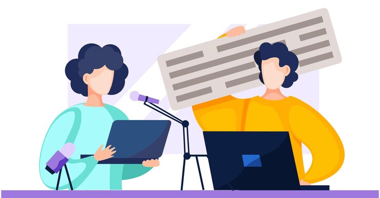 Vector people are standing near woman with a laptop and communicate the man holds a sign with the text and smiles colleagues speaking into microphones and spending time together vector illustration