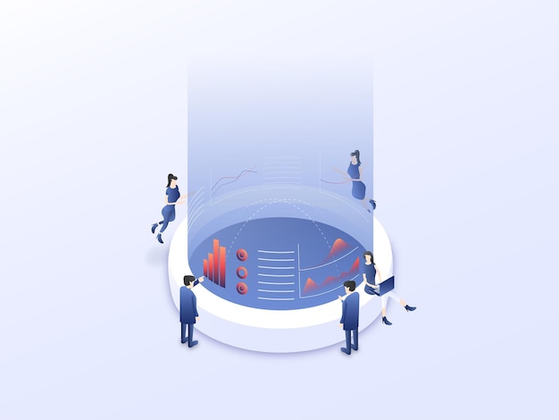 people are team working to analyse the data in workspace3d isolated isometric vector illustration