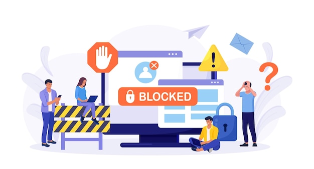 People are very surprised and feeling anxious about blocked user account Experts help user to unblock account Cyber crime hacker attack censorship or ransomware activity security