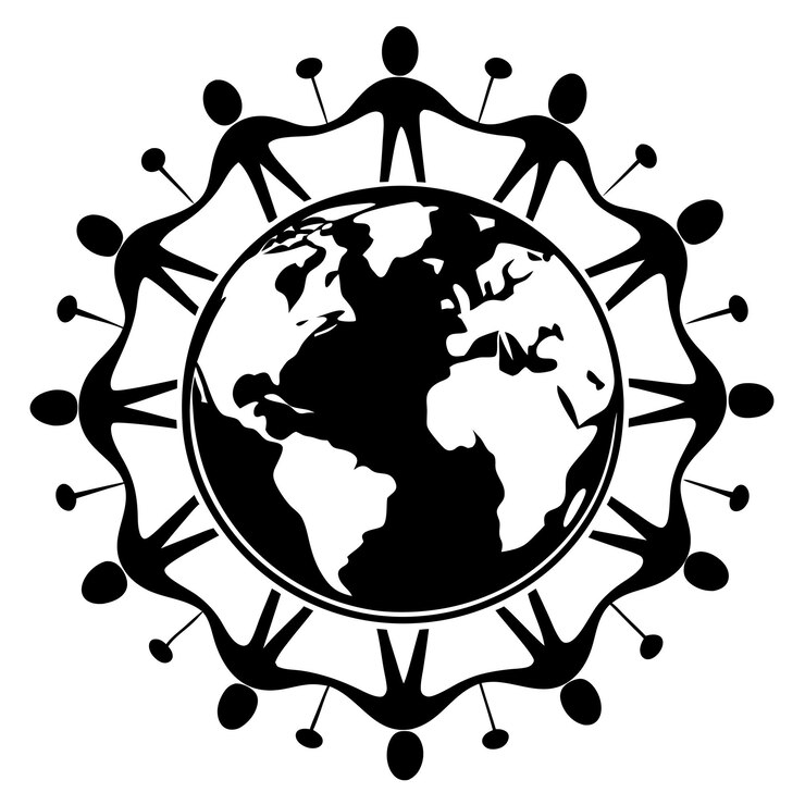 Vector people around the world icon figures encircling earth silhouette symbolizing global unity