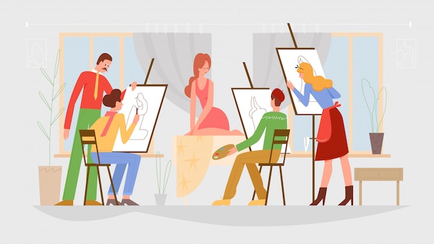 Vector people art class, drawing lesson illustration