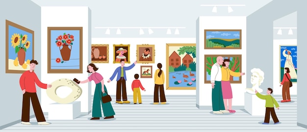 people in art gallery cartoon characters visit contemporary art exhibition man woman look at paintings and sculptures in museum hall vector illustration