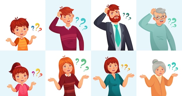 Vector people ask questions, doubt or confused. man and woman thinking or hesitating with question marks. children, teenagers, old grandparents shrugging shoulders, searching solution vector illustration