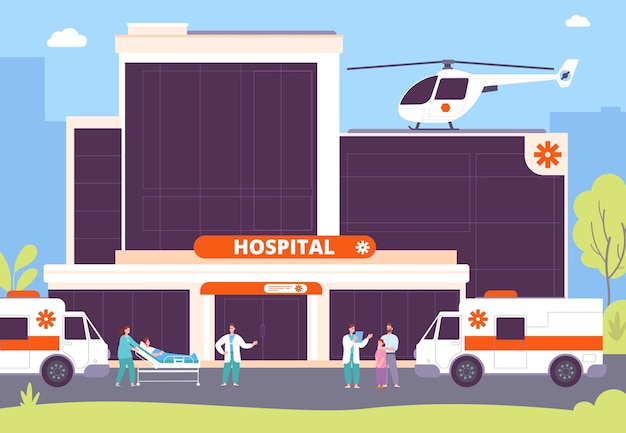 病院の建物の人々 医者 看護師 患者が外を歩く 緊急救急車とヘリコプター 医療建設 ヘルスケアの背景 フラット 素晴らしいベクトル イラスト