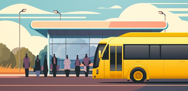 公共交通機関バス停の人々 快適な移動概念水平都市景観背景ベクトル イラスト