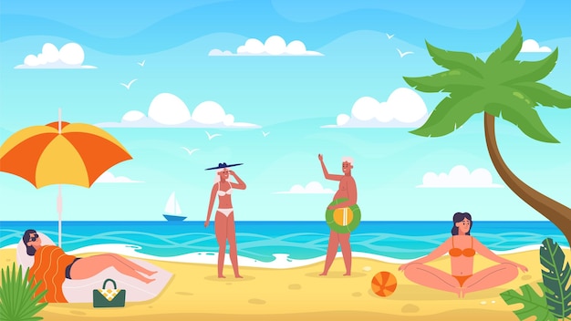 Вектор Люди на морском курорте мужчина и женщина в отпуске женский персонаж лежит на шезлонге в солнцезащитных очках под зонтиком