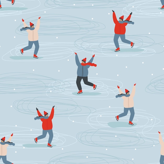 Вектор Люди на зимнем бесшовном векторе плоской иллюстрации pepole катание на коньках на синем фоне
