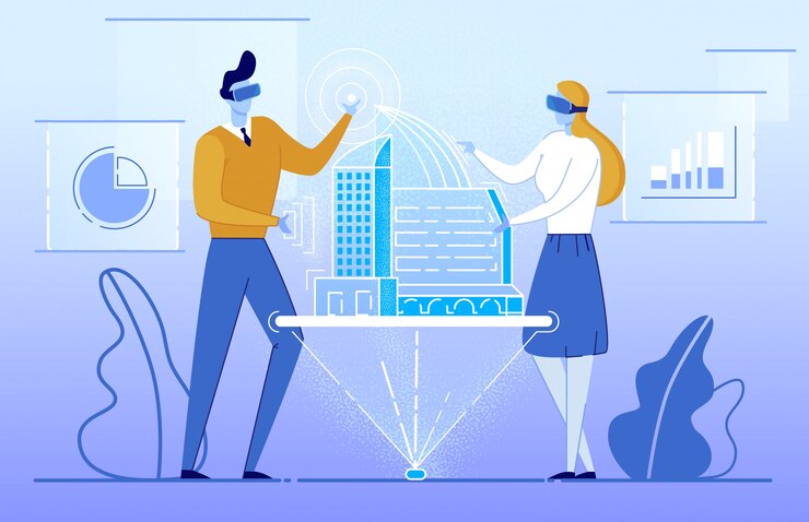 Vector people in augmented reality glasses see building.