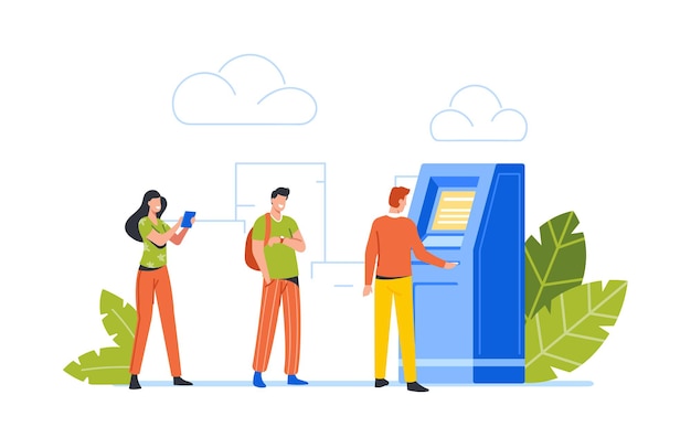 Vector people at automated teller machine making transaction, atm banking services. male and female clients characters in line