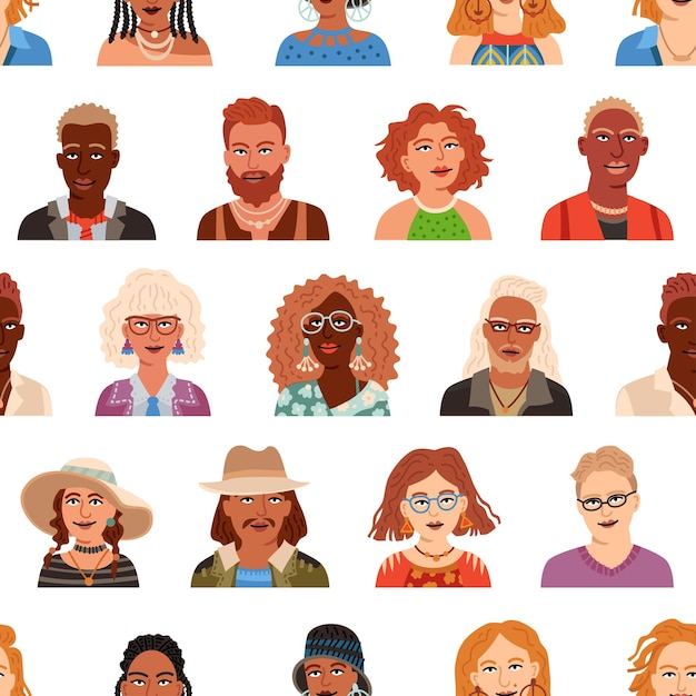 Vector people avatar seamless pattern with different portraits