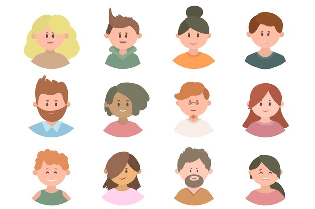 People avatar set Diversity group men and women Vector illustration flat style User pic different yong human face icons for representing person in a game Internet forum account