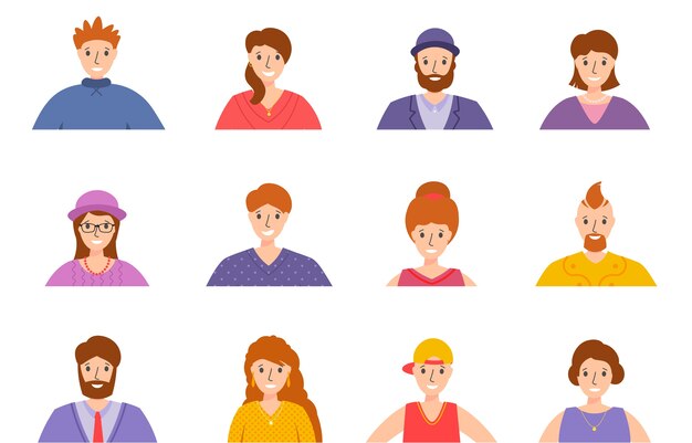 Vector people avatar set. portraits of men and women. different men and women characters collection. human portrait or young man face with various hairstyles. smiling happy people. happy emotions.  .