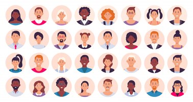 People avatar. smiling human circle portrait, female and male person round avatars  icon  illustration collection