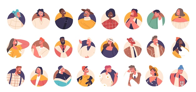 Вектор Аватары людей разных рас, полов и возрастов, одетые в повседневную одежду и демонстрирующие различные выражения лица