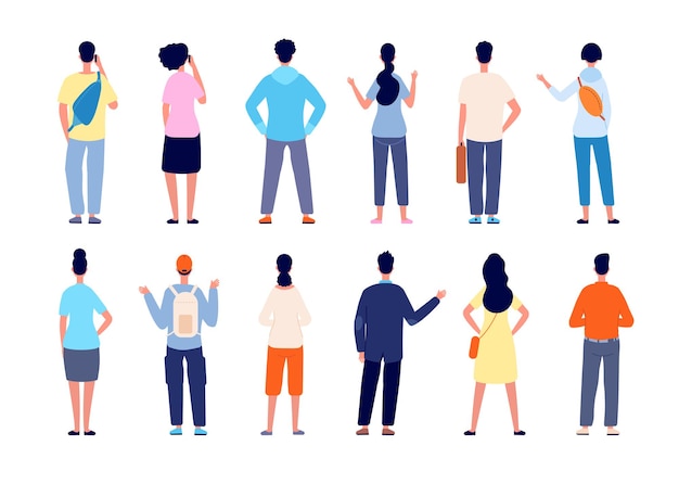 Vector people back view. man standing, isolated persons from backs. flat office team backside, diverse young male female casual vector characters. backside various people, human group standing illustration