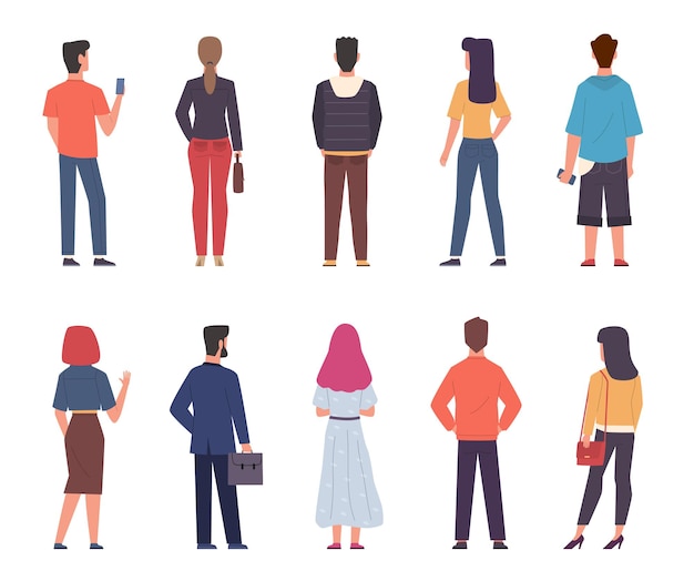 Vector people back view. men, women in modern casual clothes standing together in various poses set, male and female persons from back side with phones and bags collection. flat isolated vector characters