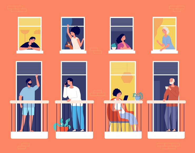 Vector people on balcony. modern apartment building, neighborhood life. neighbours looking, communication, reading and drink coffee vector concept. people on balcony, person isolation read book illustration