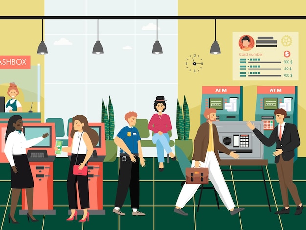 People in a bank concept vector illustration. customers visit bank to make payments, withdraw money from atm, deposit money and use safebox