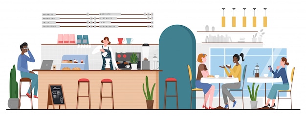 Vector people in bar cafe illustration. cartoon flat man woman friend characters meeting in cafeteria for coffee cup or dessert and talking, barista making hot drink at bar counter interior background