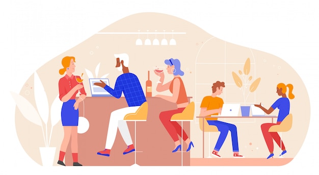 People in bar illustration. cartoon flat adult man woman friend group characters meet in bar or restaurant interior for conversation, drink wine, working on laptop together in friendly meeting