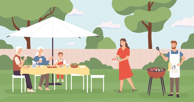 Vector people at barbecue. happy family, friends spending time in backyard home picnic, cooking grill and talking, leisure outdoors vector concept. illustration barbecue friendship at backyard