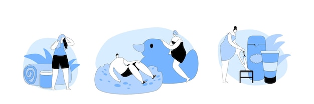 People in bathroom concept tiny male and female characters washing and taking bath among huge cosmetics bottles