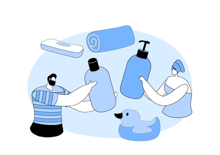 Vector people in bathroom concept tiny male and female characters wrapped in towels washing taking bath with cosmetic bottles