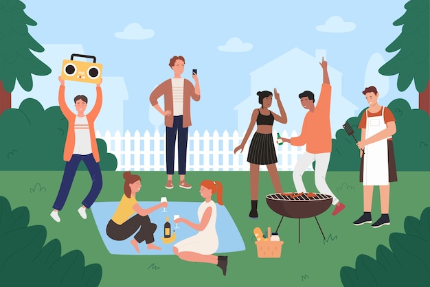 Vettore la gente sull'illustrazione di vettore del partito del barbecue, gli amici giovani hipster piani del fumetto si divertono sul barbecue che griglia il picnic all'aperto, cucinando sulla griglia, mangiando cibo alla griglia