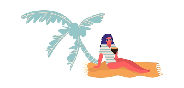 People at beach Cartoon woman lie on sand under palm tree Female in swimwear and sunglasses hold tropical cocktail Rest on seaside outdoor vacation Vector minimalist illustration