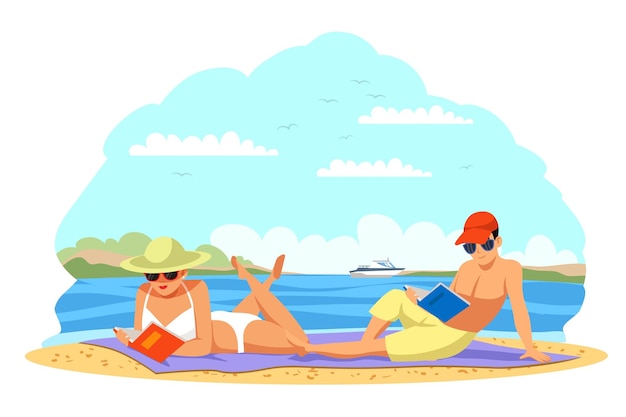 Vector people in beach getting tan girl and man lying on mat near sea water reading books holiday and vactaion time couple resting and relaxing