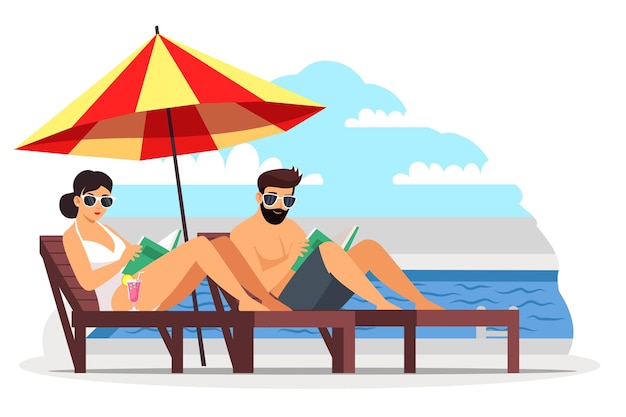 People in beach getting tan girl and man sitting on sunloungers under umbrella near sea water reading books Holiday and vactaion time couple resting and relaxing