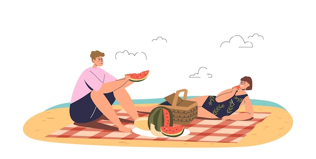 People on beach have picnic eat watermelon and relax Summer relaxation on seaside exotic resort