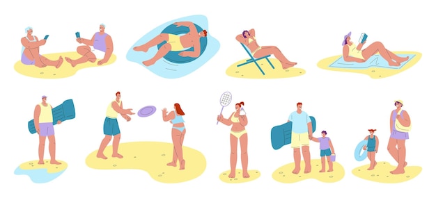 Persone sulla spiaggia persona che legge e si rilassa nuotando sul mare o sull'oceano personaggi che prendono il sole estate felice vacanza famiglia felice kicky set vettoriale illustrazione di persone che si rilassano e prendono il sole