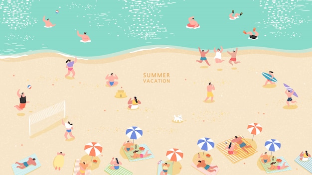 Vector people at beach or seashore relaxing and performing leisure outdoor activities