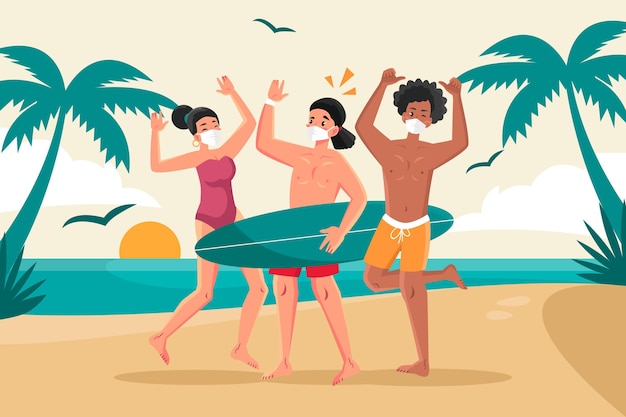 people on the beach wearing face masks