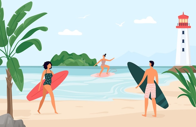 Vector people at beach with surfboard summer sport