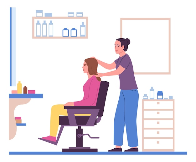 People in beauty salon Barber with customer Female sitting on armchair Professional hairdo Hair styling Barbershop worker making haircut Workplace interior Vector illustration