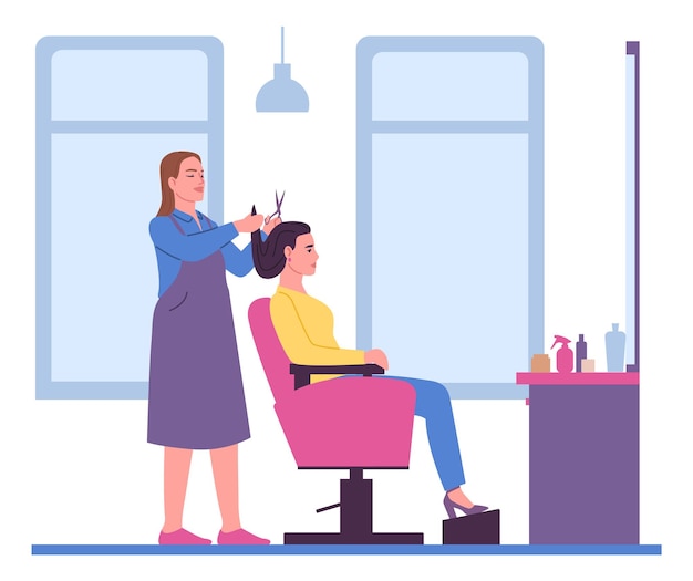 Vector people in beauty salon hairdresser styling hair barber with customer professional hairdo hairstylist making haircut woman sitting on armchair workplace interior vector illustration