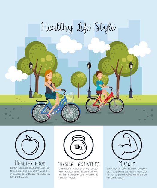 Vector people in bicycle with healthy lifestyle icons