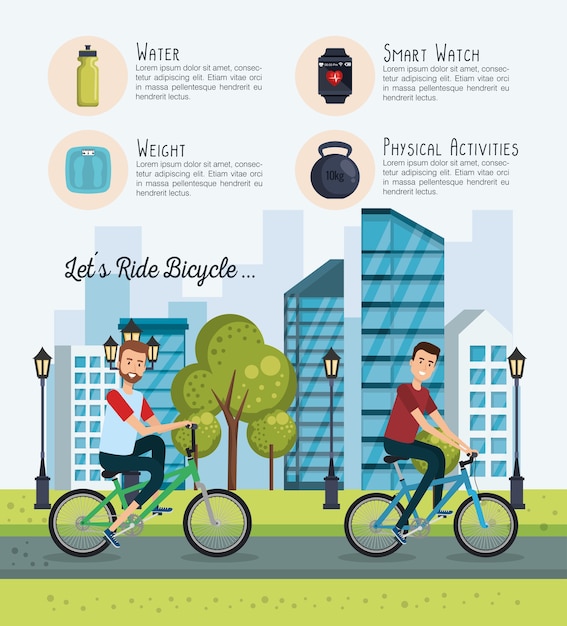 people in bicycle with healthy lifestyle icons