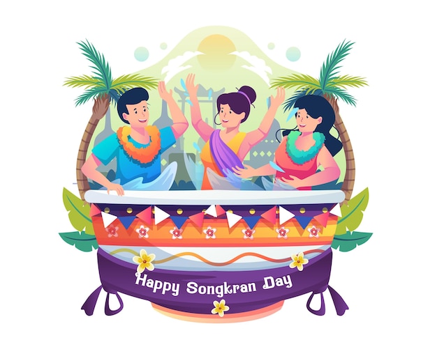 Vector people in a big bowl splashing water at each other to celebrate the songkran festival illustration