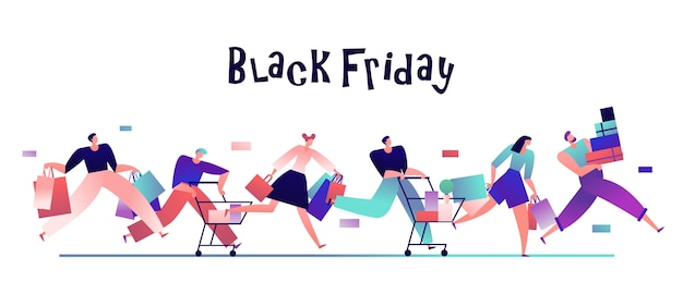 People on black friday. happy shoppers with bags run for shopping, discount sales promotion and shopaholic concept. shopper run to do purchase, discount shopping illustration