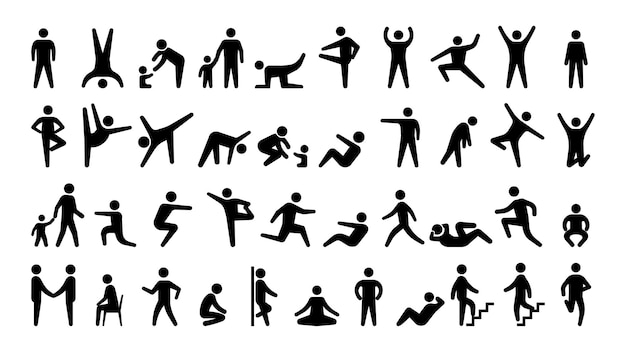 People black icons Stickman persons Human actions Men and women in various poses Minimal pose silhouettes set Male and female training Mother walking with kid Vector pictograms