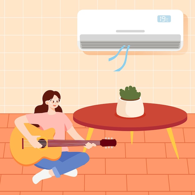 People blow air conditioner indoors in hot summer prevent heat stroke in dog days vector