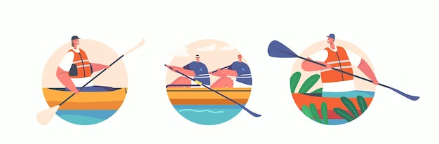 Persone su barche kayak, canoa o rafting, sport, icone isolate, o avatar, sportivi, canottaggio, in, kayak, attività